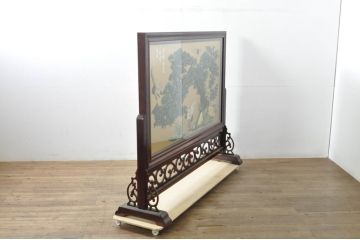 アジアンビンテージ　美品!!　高級品!!　花梨(カリン)材　まるで美術品のような玉石細工が見事な特大衝立て(衝い立て、パーテーション、つい立て、間仕切り、ディスプレイ、店舗什器)(R-079931)