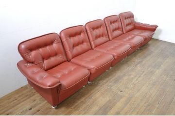 和製ビンテージ　激レア　希少!!　富士ファニチア(富士ファニチュア、フジファニチュア、FUJI FURNITURE、富士ファニチャー)　本革(レザー)　レトロな佇まいの5人掛けソファ(3人掛け、2人掛け、3P、2P、バラ売り可能)(R-079936)