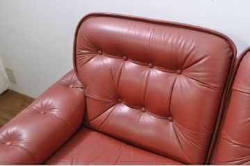 和製ビンテージ　激レア　希少!!　富士ファニチア(富士ファニチュア、フジファニチュア、FUJI FURNITURE、富士ファニチャー)　本革(レザー)　レトロな佇まいの5人掛けソファ(3人掛け、2人掛け、3P、2P、バラ売り可能)(R-079936)
