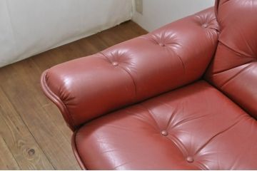 和製ビンテージ　激レア　希少!!　富士ファニチア(富士ファニチュア、フジファニチュア、FUJI FURNITURE、富士ファニチャー)　本革(レザー)　レトロな佇まいの5人掛けソファ(3人掛け、2人掛け、3P、2P、バラ売り可能)(R-079936)