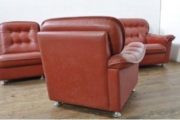 和製ビンテージ　激レア　希少!!　富士ファニチア(富士ファニチュア、フジファニチュア、FUJI FURNITURE、富士ファニチャー)　本革(レザー)　レトロな佇まいの5人掛けソファ(3人掛け、2人掛け、3P、2P、バラ売り可能)(R-079936)