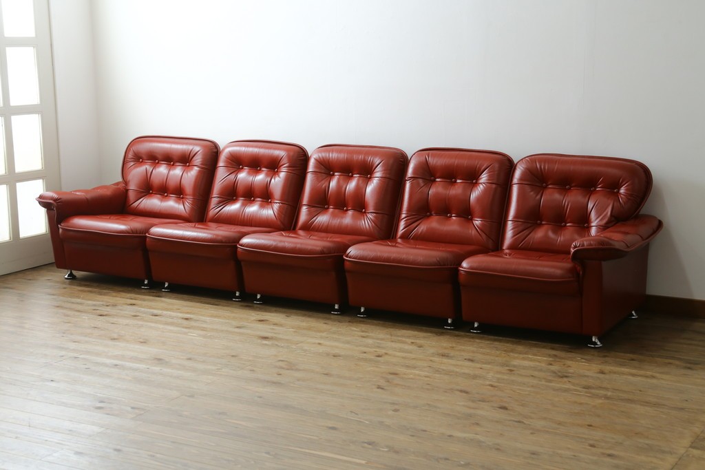 和製ヴィンテージ　激レア　希少!!　富士ファニチア(FUJI FURNITURE)　本革　組み合わせ自在なレザーソファ　(R-079936)