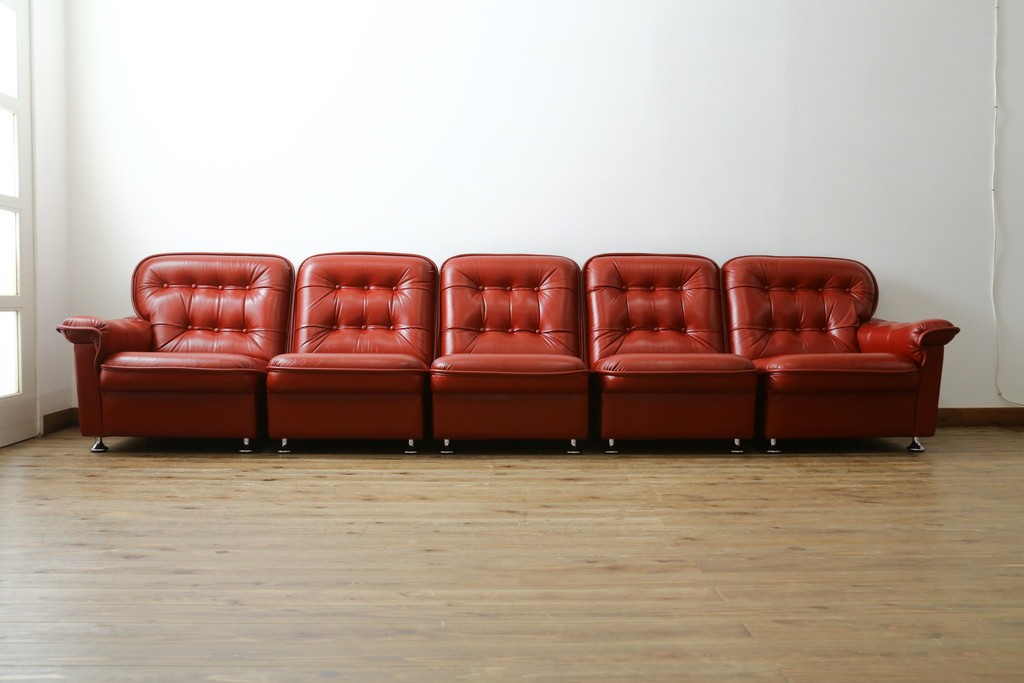 和製ヴィンテージ　激レア　希少!!　富士ファニチア(FUJI FURNITURE)　本革　組み合わせ自在なレザーソファ　(R-079936)