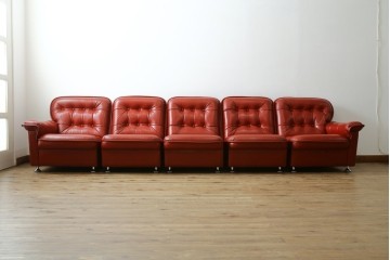 和製ヴィンテージ　激レア　希少!!　富士ファニチア(FUJI FURNITURE)　本革　組み合わせ自在なレザーソファ　(R-079936)