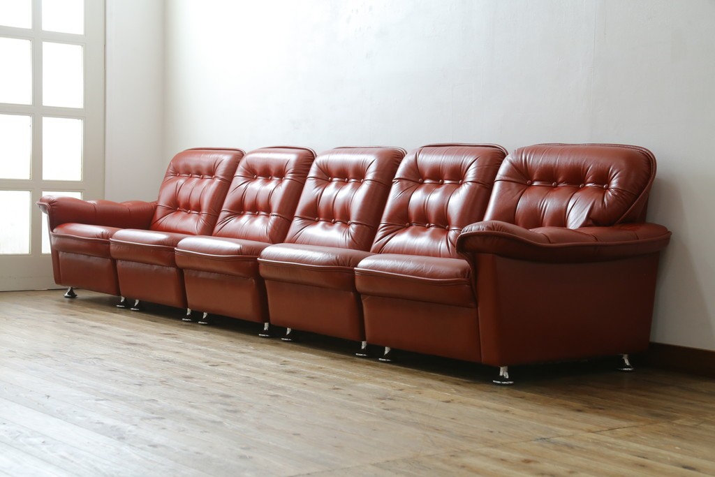 和製ヴィンテージ　激レア　希少!!　富士ファニチア(FUJI FURNITURE)　本革　組み合わせ自在なレザーソファ　(R-079936)
