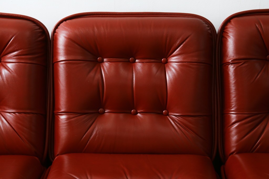和製ヴィンテージ　激レア　希少!!　富士ファニチア(FUJI FURNITURE)　本革　組み合わせ自在なレザーソファ　(R-079936)