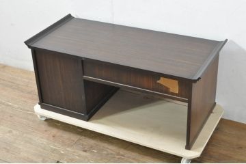 和製ビンテージ　プリント合板　黒檀(コクタン)材　和室に映える個性的なデザインの天板が魅力的な文机(片袖机、座机、ワークデスク、ローテーブル、センターテーブル、在宅用、在宅ワーク用、ヴィンテージ)(R-079942)