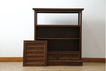 中古　美品!!　九州民芸家具　欅(ケヤキ)材　引き出し2杯付き　表情豊かな木目が魅力的なモダンデザインの茶棚(飾り棚、戸棚、収納棚、サイドキャビネット)(R-079948)