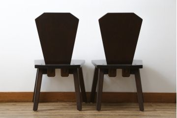 中古　廃盤モデル　星野民芸(星野民藝)　桜材　個性的なデザインが存在感を放つダイニングチェア2脚セット(板座チェア、アームレスチェア、椅子、イス、バラ売り可能)(R-079968)