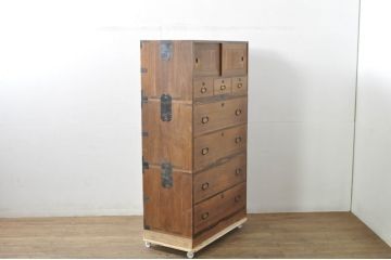 和製アンティーク　上手物!!　高級品!!　総桐材　銅金具　おしゃれな黒柿縁が魅力の三段重ね箪笥(衣装箪笥、和タンス、収納たんす、引き出し、時代箪笥、アンティーク箪笥)(R-079994)
