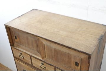和製アンティーク　上手物!!　高級品!!　総桐材　銅金具　おしゃれな黒柿縁が魅力の三段重ね箪笥(衣装箪笥、和タンス、収納たんす、引き出し、時代箪笥、アンティーク箪笥)(R-079994)