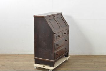 和製ビンテージ　美品　国産民芸家具　落ち着いた佇まいが魅力的な作りの良い幅狭ライティングビューロー(ビューロー、ワークデスク、簿記机、在宅用、在宅ワーク用、ヴィンテージ)(R-080002)