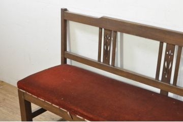和製アンティーク　かわいい透かし彫りのナラ(楢)材のベンチ(長椅子、長イス、ダイニングソファ、3人掛け)(R-080007)