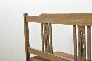和製アンティーク　かわいい透かし彫りのナラ(楢)材のベンチ(長椅子、長イス、ダイニングソファ、3人掛け)(R-080008)