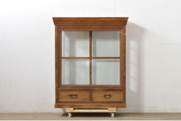 和製アンティーク　タバコ屋のレトロな雰囲気の薄型ガラスケース(キャビネット、Gケース、コレクションケース、ディスプレイケース、ショーケース、飾り棚、陳列棚、店舗什器)(R-080012)