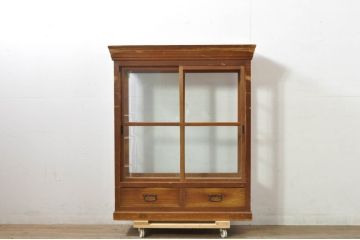 和製アンティーク　タバコ屋のレトロな雰囲気の薄型ガラスケース(キャビネット、Gケース、コレクションケース、ディスプレイケース、ショーケース、飾り棚、陳列棚、店舗什器)(R-080012)