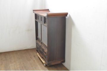 和製アンティーク　特上!!　特注品!!　会津の商家から出た 前面黒柿材　孔雀杢が味わい深い豪華な作りの筆返し付き高級茶箪笥(茶棚、飾り棚、収納棚、戸棚)(R-080026)