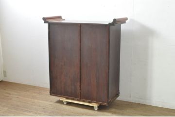 和製アンティーク　特上!!　特注品!!　会津の商家から出た 前面黒柿材　孔雀杢が味わい深い豪華な作りの筆返し付き高級茶箪笥(茶棚、飾り棚、収納棚、戸棚)(R-080026)