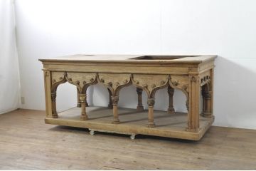 フランスアンティーク　オーク材　彫刻装飾がアクセントの引き伸ばし式の展示台(作業台、飾り台、花台、陳列台、伸縮式テーブル、伸長式、店舗什器、カウンターテーブル、ライブラリーテーブル、ディスプレイ)(R-080033)