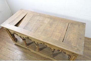フランスアンティーク　オーク材　彫刻装飾がアクセントの引き伸ばし式の展示台(作業台、飾り台、花台、陳列台、伸縮式テーブル、伸長式、店舗什器、カウンターテーブル、ライブラリーテーブル、ディスプレイ)(R-080033)