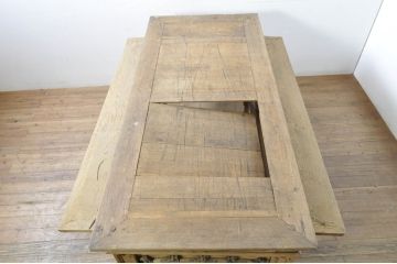 フランスアンティーク　オーク材　彫刻装飾がアクセントの引き伸ばし式の展示台(作業台、飾り台、花台、陳列台、伸縮式テーブル、伸長式、店舗什器、カウンターテーブル、ライブラリーテーブル、ディスプレイ)(R-080033)