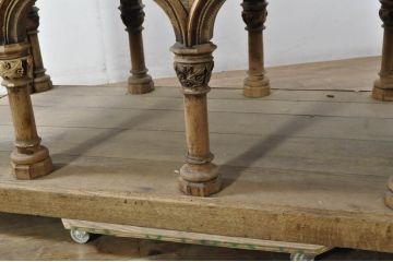 フランスアンティーク　オーク材　彫刻装飾がアクセントの引き伸ばし式の展示台(作業台、飾り台、花台、陳列台、伸縮式テーブル、伸長式、店舗什器、カウンターテーブル、ライブラリーテーブル、ディスプレイ)(R-080033)