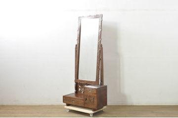 中古　美品　軽井沢彫り　細部まで施された彫刻や透かし彫りが美しい鏡台(ドレッサー、姿見、ミラー)(R-080036)
