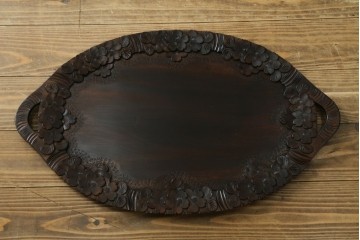 中古　美品　軽井沢彫　天板が取り外せてトレーとしても使えて便利!　桜の彫刻がアクセントのサイドテーブル　(R-080040)