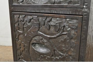 中古　美品!!　軽井沢彫り　細やかな桜の彫刻が美しい鏡台(ドレッサー、ミラー、小引き出し、卓上収納)(R-080041)
