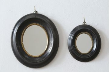 フランスアンティーク　オーバル　シンプルなミラー2点セット(壁掛け、吊るし鏡、ウォールミラー、鏡)(R-080055)