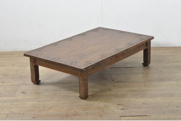 中古　美品!!　軽井沢彫り　水面のような木目と桜の彫りが見事なローテーブル(座卓、センターテーブル、リビングテーブル)(R-080070)