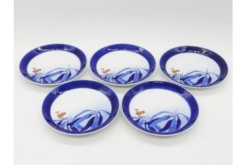 戦前　オールド香蘭社　有田焼　染付　菊　約19cm　6.1寸　落ち着いた佇まいの中皿5枚セット(金彩、花、シダ、植物、和皿、和食器、裏印、六寸一分)(R-080072)