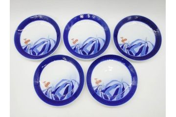 戦前　オールド香蘭社　有田焼　染付　菊　約19cm　6.1寸　落ち着いた佇まいの中皿5枚セット(金彩、花、シダ、植物、和皿、和食器、裏印、六寸一分)(R-080072)
