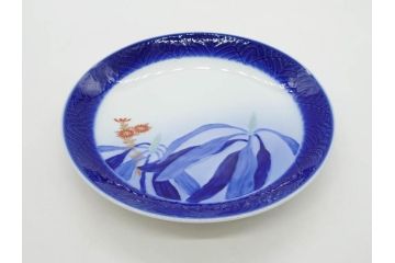 戦前　オールド香蘭社　有田焼　染付　菊　約19cm　6.1寸　落ち着いた佇まいの中皿5枚セット(金彩、花、シダ、植物、和皿、和食器、裏印、六寸一分)(R-080072)