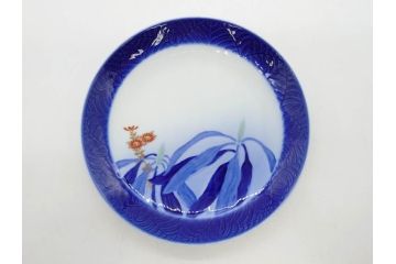 戦前　オールド香蘭社　有田焼　染付　菊　約19cm　6.1寸　落ち着いた佇まいの中皿5枚セット(金彩、花、シダ、植物、和皿、和食器、裏印、六寸一分)(R-080072)