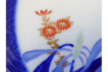 戦前　オールド香蘭社　有田焼　染付　菊　約19cm　6.1寸　落ち着いた佇まいの中皿5枚セット(金彩、花、シダ、植物、和皿、和食器、裏印、六寸一分)(R-080072)