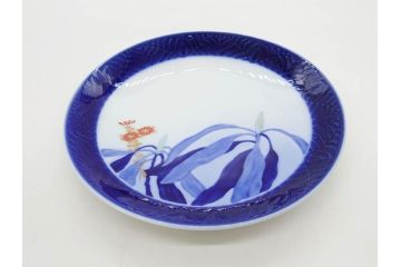 戦前　オールド香蘭社　有田焼　染付　菊　約19cm　6.1寸　落ち着いた佇まいの中皿5枚セット(金彩、花、シダ、植物、和皿、和食器、裏印、六寸一分)(R-080072)