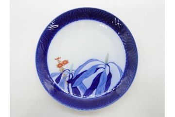 戦前　オールド香蘭社　有田焼　染付　菊　約19cm　6.1寸　落ち着いた佇まいの中皿5枚セット(金彩、花、シダ、植物、和皿、和食器、裏印、六寸一分)(R-080072)