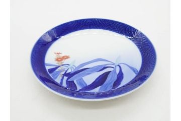 戦前　オールド香蘭社　有田焼　染付　菊　約19cm　6.1寸　落ち着いた佇まいの中皿5枚セット(金彩、花、シダ、植物、和皿、和食器、裏印、六寸一分)(R-080072)