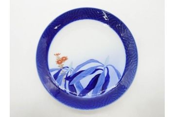 戦前　オールド香蘭社　有田焼　染付　菊　約19cm　6.1寸　落ち着いた佇まいの中皿5枚セット(金彩、花、シダ、植物、和皿、和食器、裏印、六寸一分)(R-080072)