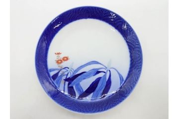 戦前　オールド香蘭社　有田焼　染付　菊　約19cm　6.1寸　落ち着いた佇まいの中皿5枚セット(金彩、花、シダ、植物、和皿、和食器、裏印、六寸一分)(R-080072)