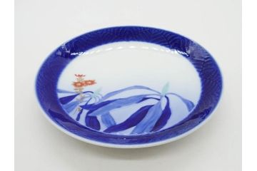 戦前　オールド香蘭社　有田焼　染付　菊　約19cm　6.1寸　落ち着いた佇まいの中皿5枚セット(金彩、花、シダ、植物、和皿、和食器、裏印、六寸一分)(R-080072)