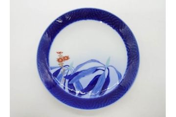 戦前　オールド香蘭社　有田焼　染付　菊　約19cm　6.1寸　落ち着いた佇まいの中皿5枚セット(金彩、花、シダ、植物、和皿、和食器、裏印、六寸一分)(R-080072)