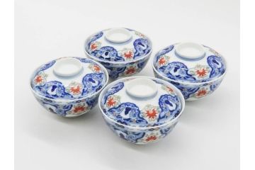 戦前　オールド香蘭社　有田焼　染付　色絵　約11cm　3.4寸　食卓を華やかに彩る蓋付き茶碗4客セット(瓢箪、ひょうたん、唐草、花、蓋茶碗、器、どんぶり、和食器、裏印、三寸四分)(R-080073)