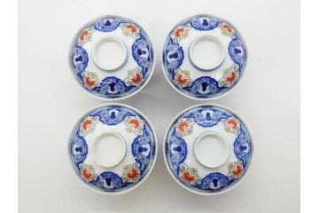 戦前　オールド香蘭社　有田焼　染付　色絵　約11cm　3.4寸　食卓を華やかに彩る蓋付き茶碗4客セット(瓢箪、ひょうたん、唐草、花、蓋茶碗、器、どんぶり、和食器、裏印、三寸四分)(R-080073)
