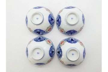 戦前　オールド香蘭社　有田焼　染付　色絵　約11cm　3.4寸　食卓を華やかに彩る蓋付き茶碗4客セット(瓢箪、ひょうたん、唐草、花、蓋茶碗、器、どんぶり、和食器、裏印、三寸四分)(R-080073)