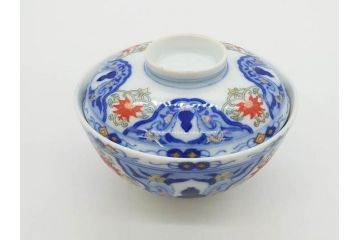 戦前　オールド香蘭社　有田焼　染付　色絵　約11cm　3.4寸　食卓を華やかに彩る蓋付き茶碗4客セット(瓢箪、ひょうたん、唐草、花、蓋茶碗、器、どんぶり、和食器、裏印、三寸四分)(R-080073)