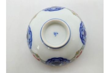 戦前　オールド香蘭社　有田焼　染付　色絵　約11cm　3.4寸　食卓を華やかに彩る蓋付き茶碗4客セット(瓢箪、ひょうたん、唐草、花、蓋茶碗、器、どんぶり、和食器、裏印、三寸四分)(R-080073)