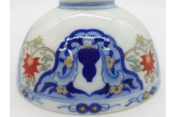戦前　オールド香蘭社　有田焼　染付　色絵　約11cm　3.4寸　食卓を華やかに彩る蓋付き茶碗4客セット(瓢箪、ひょうたん、唐草、花、蓋茶碗、器、どんぶり、和食器、裏印、三寸四分)(R-080073)