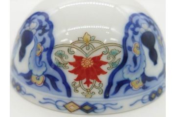 戦前　オールド香蘭社　有田焼　染付　色絵　約11cm　3.4寸　食卓を華やかに彩る蓋付き茶碗4客セット(瓢箪、ひょうたん、唐草、花、蓋茶碗、器、どんぶり、和食器、裏印、三寸四分)(R-080073)